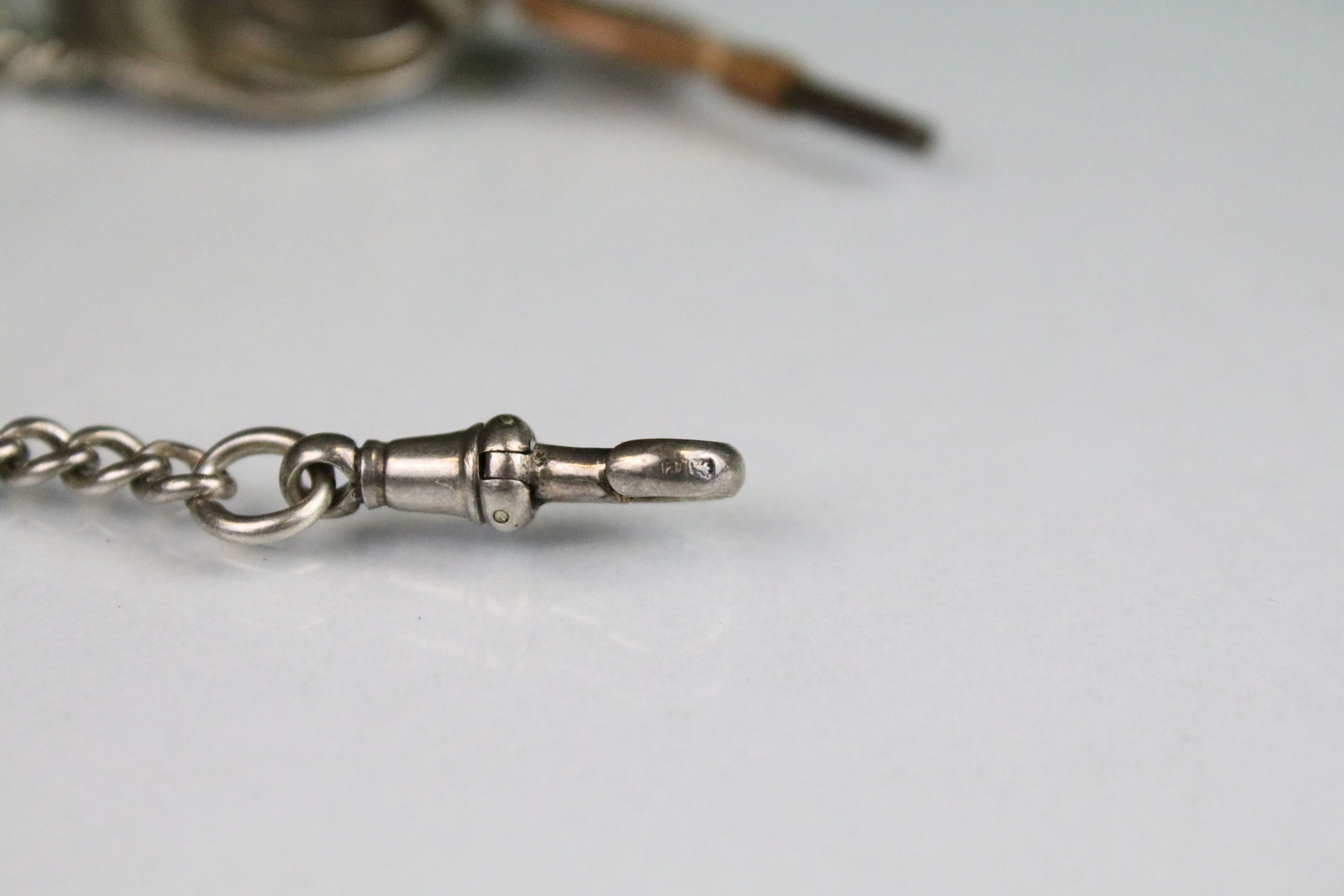 Victorian silver pocket watch chain with graduating links, T bar and dog lead clasp, mounted with - Image 7 of 7