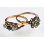 Two hallmarked 9ct gold rings to include a white and green stone cluster ring (hallmarked Birmingham