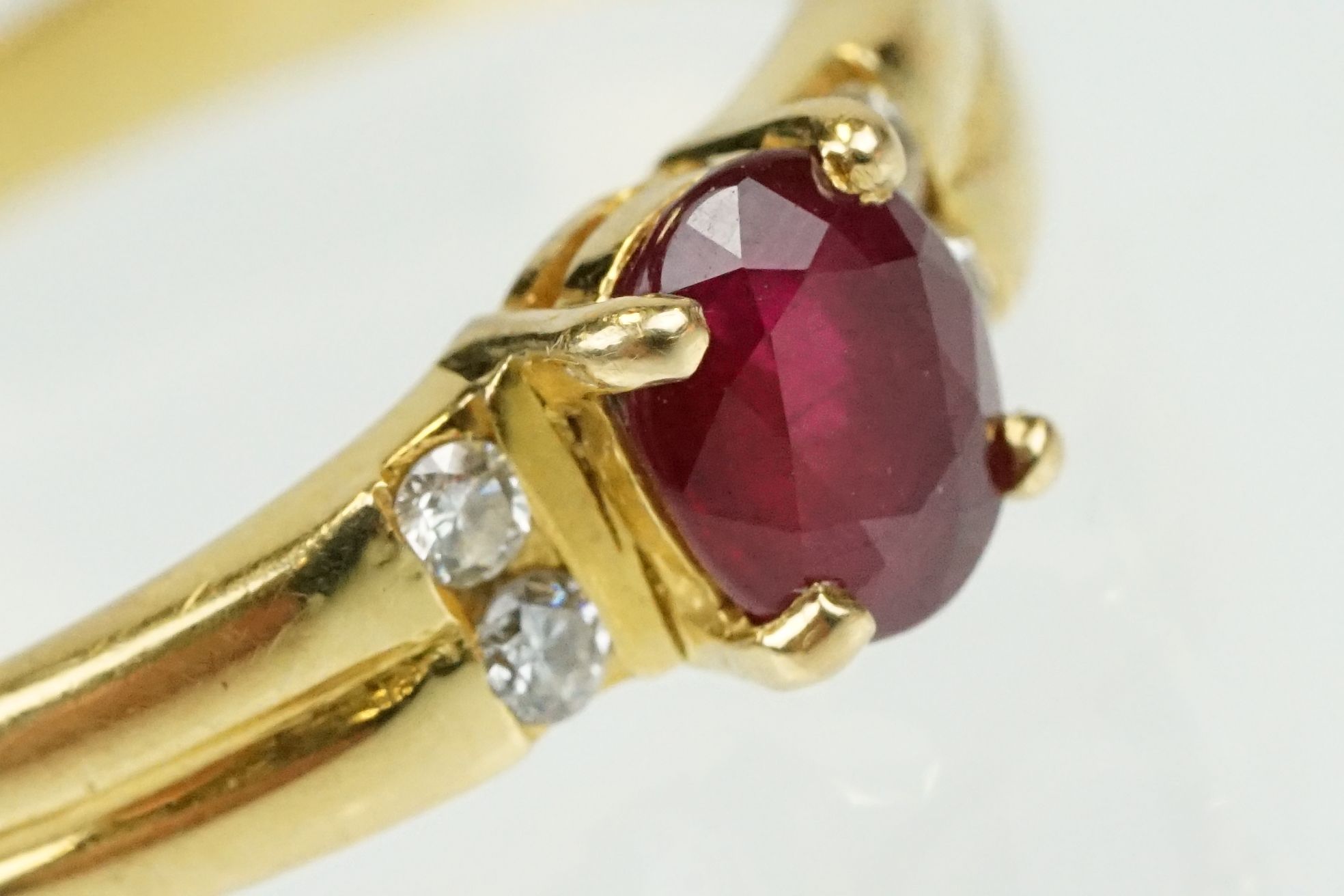 Ruby and diamond 18ct yellow gold ring, the oval mixed cut ruby measuring approx 5.5 x 4.5mm, claw - Image 13 of 23