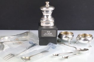 Collection of silver to include a silver pepper mill (hallmarked London 1991), a pair of Victorian