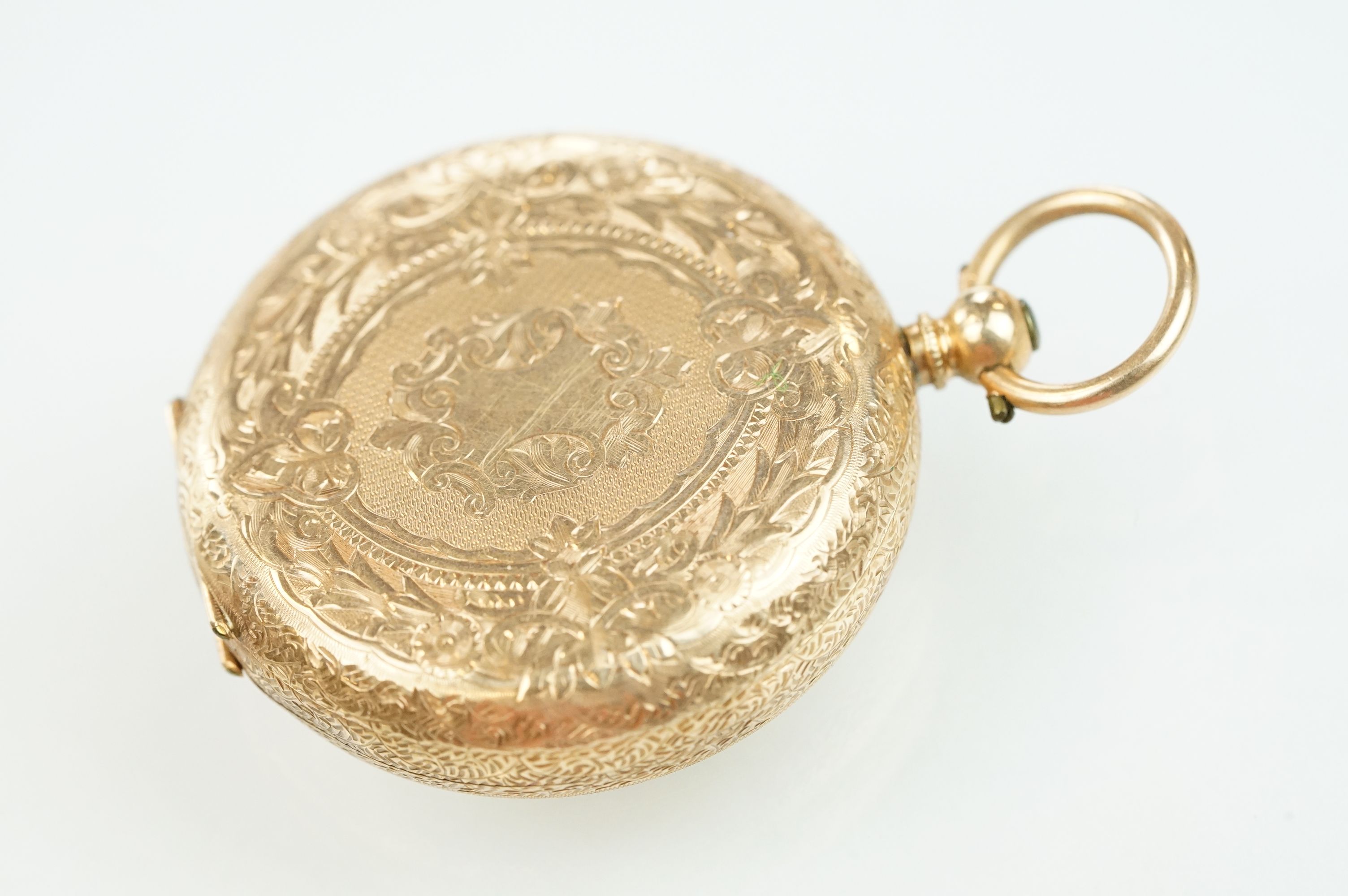 14ct gold open face pocket fob watch having a gilt face with foliate details and roman numerals to - Bild 7 aus 11