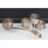 Group of silver hallmarked items to include a Victorian silver strainer spoon (hallmarked London