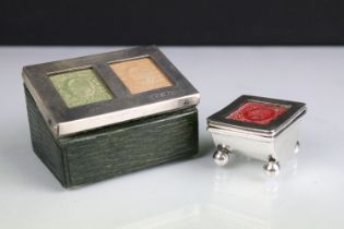 Two sliver hallmarked Edwardian stamp boxes to include a leatherette example with silver lid housing