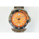 A gents Seiko automatic 200m divers watch, orange dial with black & orange rotating bezel, date
