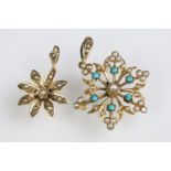 Two early 20th Century floral pendants to include a turquoise and pearl set example, and a pearl