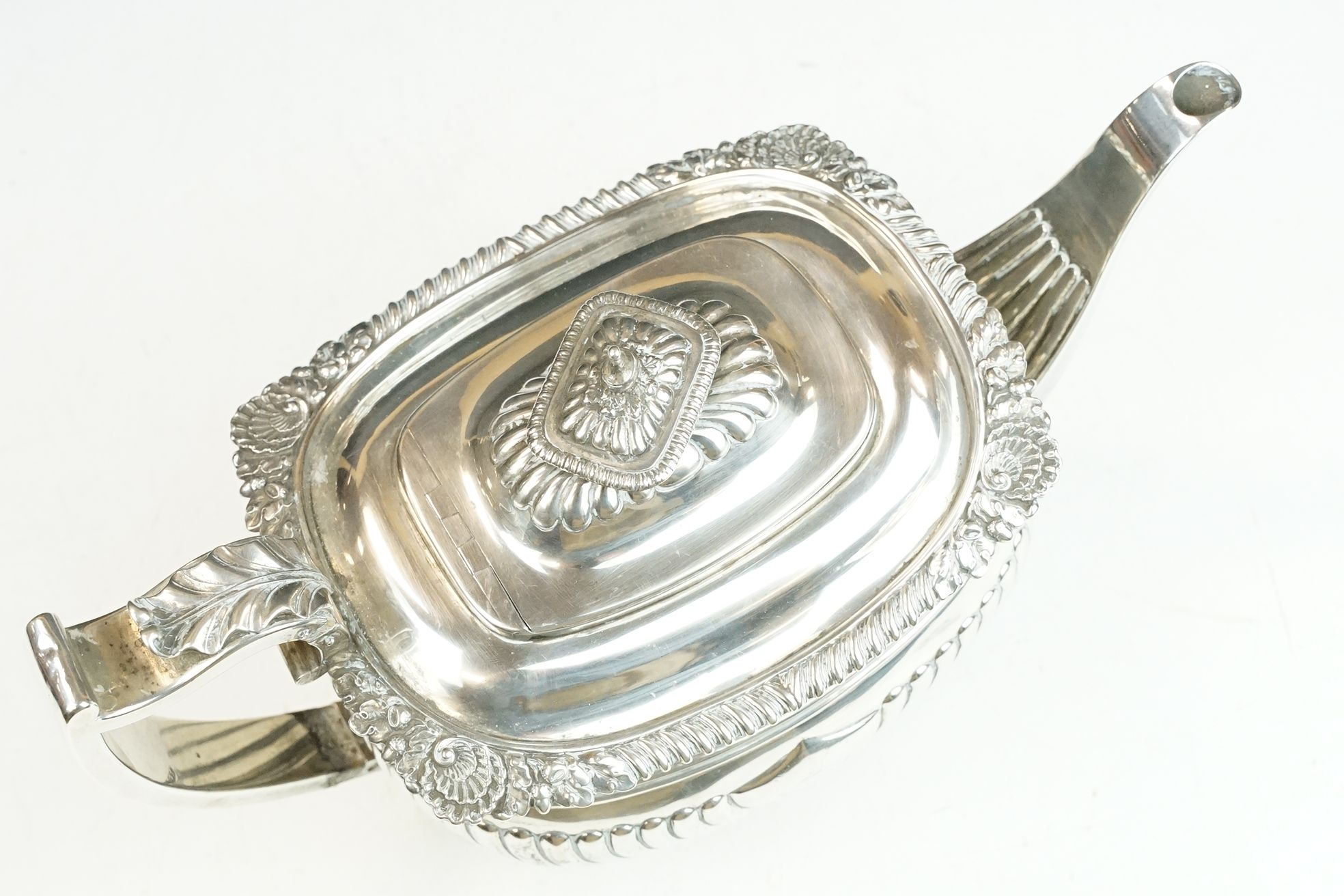 19th Century George III silver hallmarked teapot having a moulded shell and acorn borders, gadrooned - Image 4 of 12