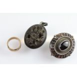 Group of Victorian mourning jewellery to include a mourning ring with engraved 'Litty' name panel (