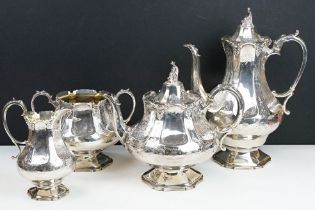 19th Century Victorian silver hallmarked tea service to include coffee pot, teapot, sugar bowl and