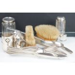 Silver hallmarked dressing table set including mirror, hair brush and clothes brush with engine