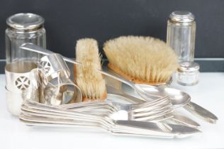 Silver hallmarked dressing table set including mirror, hair brush and clothes brush with engine