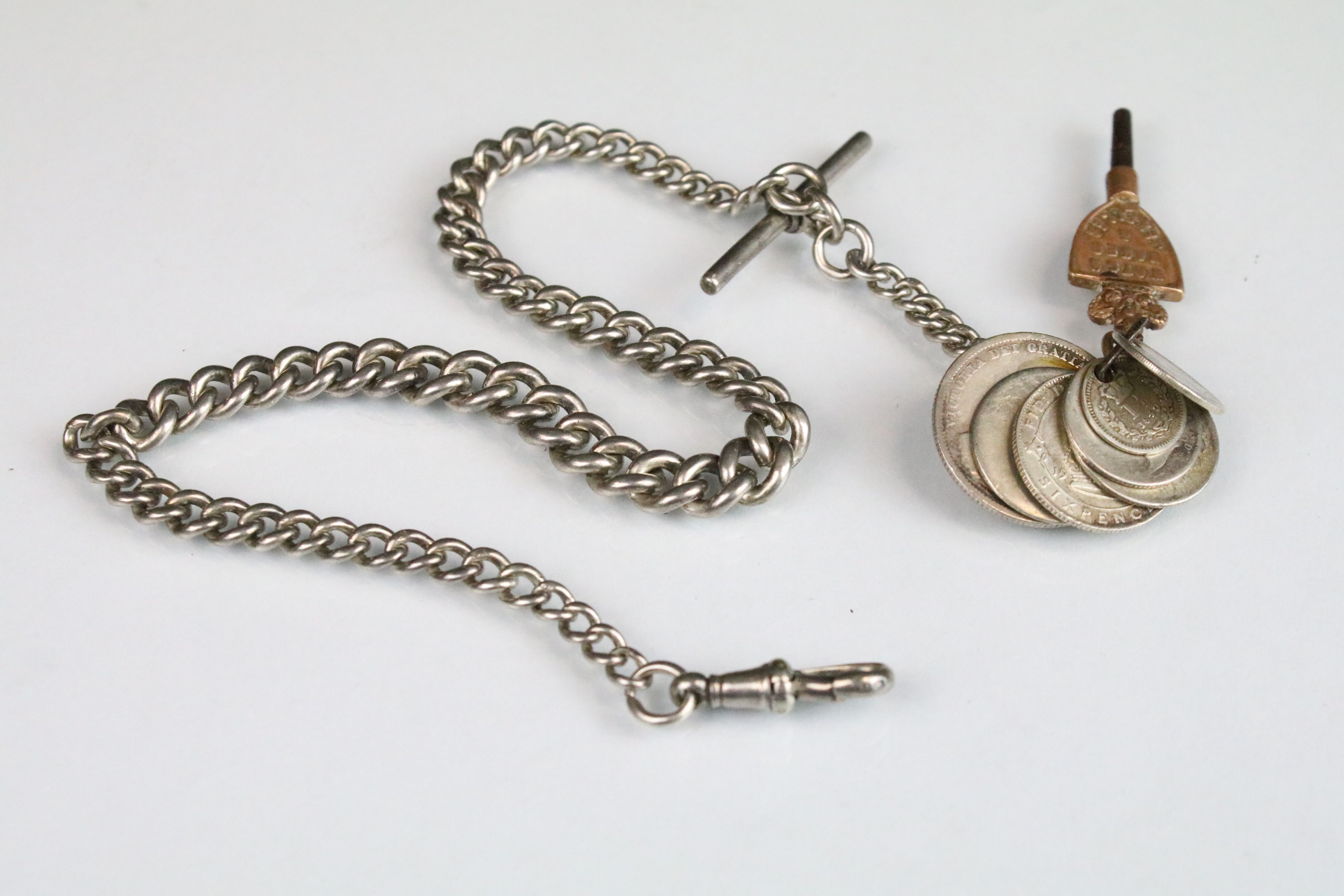 Victorian silver pocket watch chain with graduating links, T bar and dog lead clasp, mounted with - Image 4 of 7