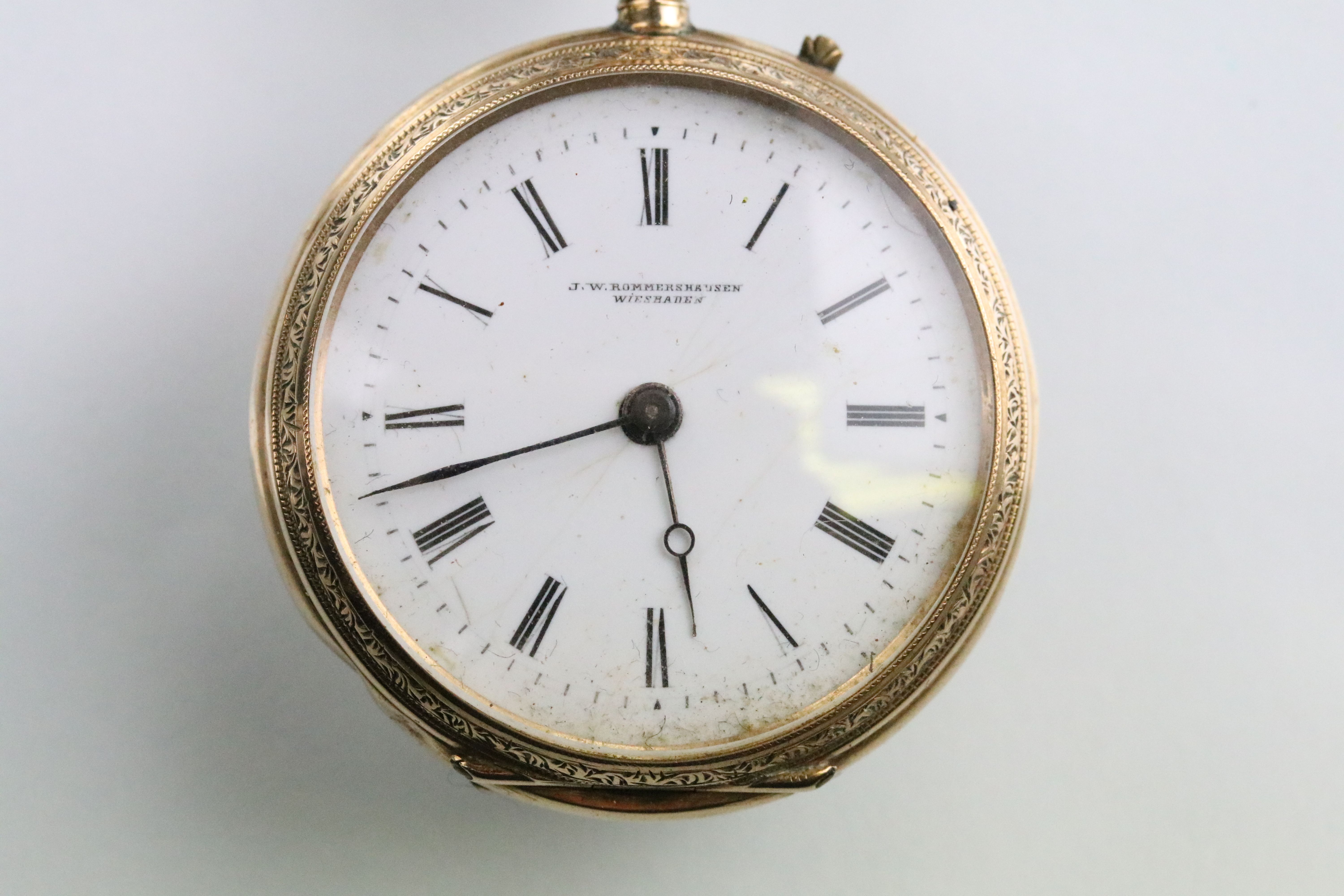 Early 20th Century 14ct gold fob pocket watch having a white enamelled face with roman numerals to - Bild 2 aus 9