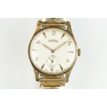 A gents Roamer swiss made wristwatch, sub second dial to 6 o'clock, 9ct gold case on elasticated