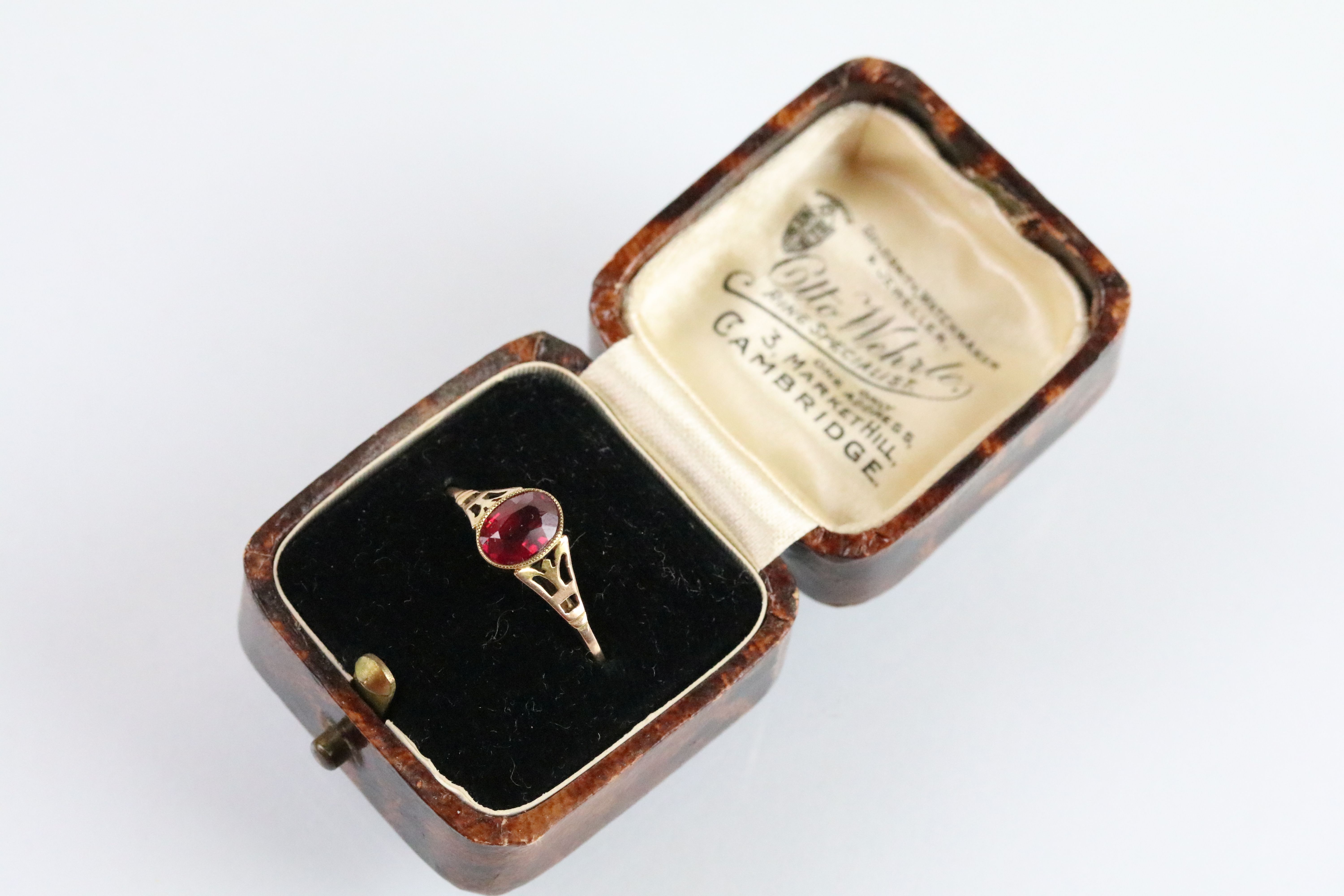 Early 20th Century Edwardian 9ct gold and ruby ring. The ring being bezel set with an oval mixed cut