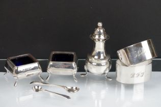 Selection of silver cruets to include a pair of square shaped table salts (hallmarked Birmingham