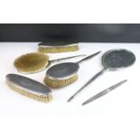 Art Deco silver hallmarked dressing table set consisting of mirror, two hair brushes and two clothes