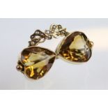 19th Century Victorian 9ct gold, citrine and seed pearl double heart brooch. The brooch being set
