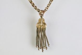 9ct gold belcher link necklace chain with a yellow metal tassel pendant. Chain marked 9ct by