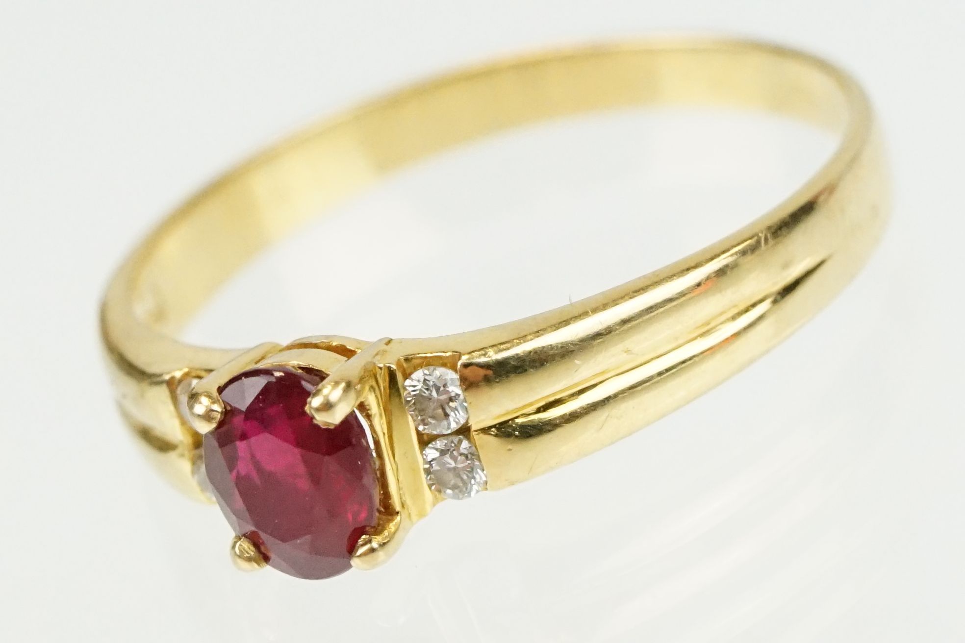 Ruby and diamond 18ct yellow gold ring, the oval mixed cut ruby measuring approx 5.5 x 4.5mm, claw - Image 5 of 23