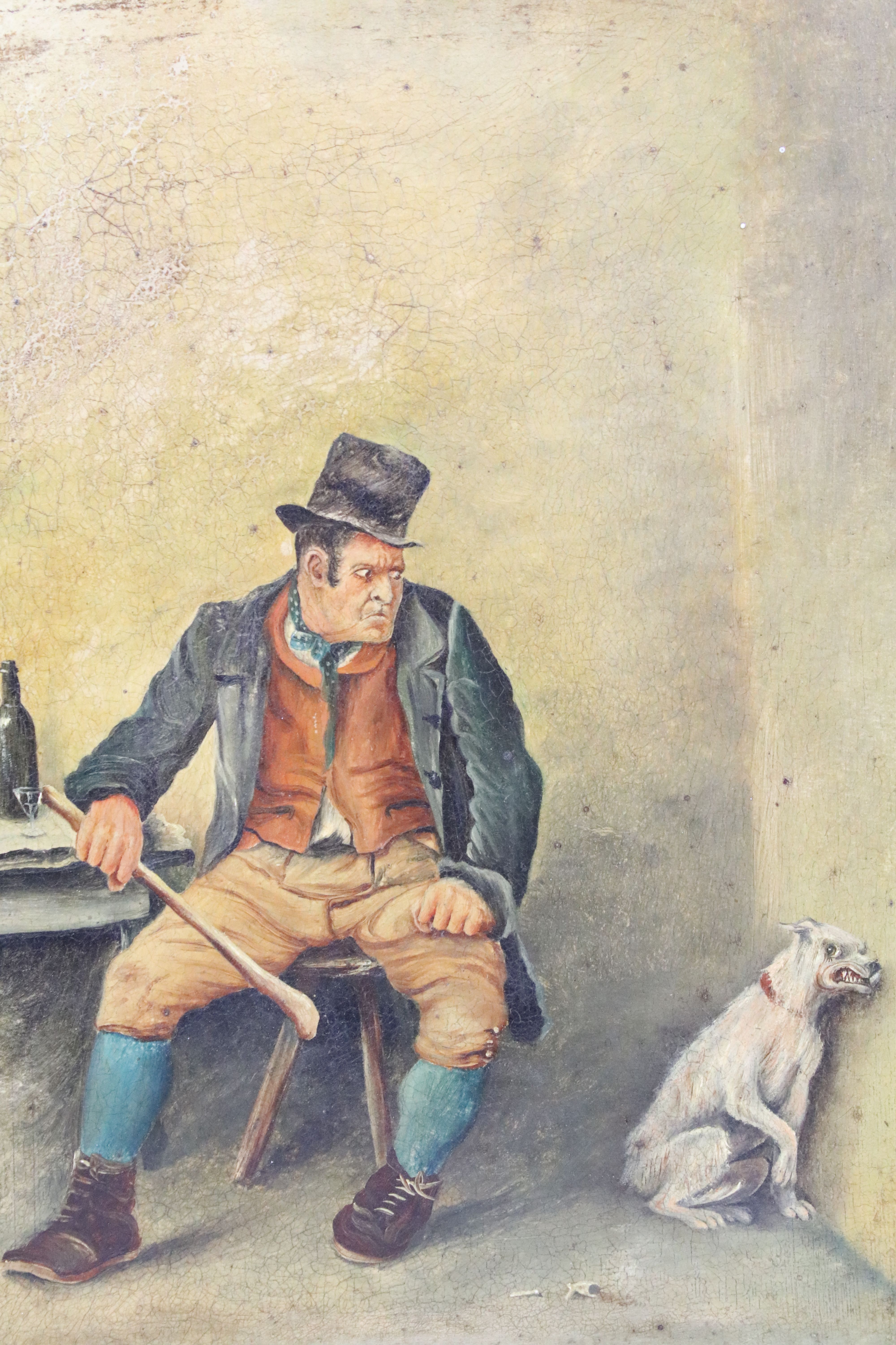 19th century English School, portrait of a man with a cowering dog, oil on board, signed - Image 2 of 2