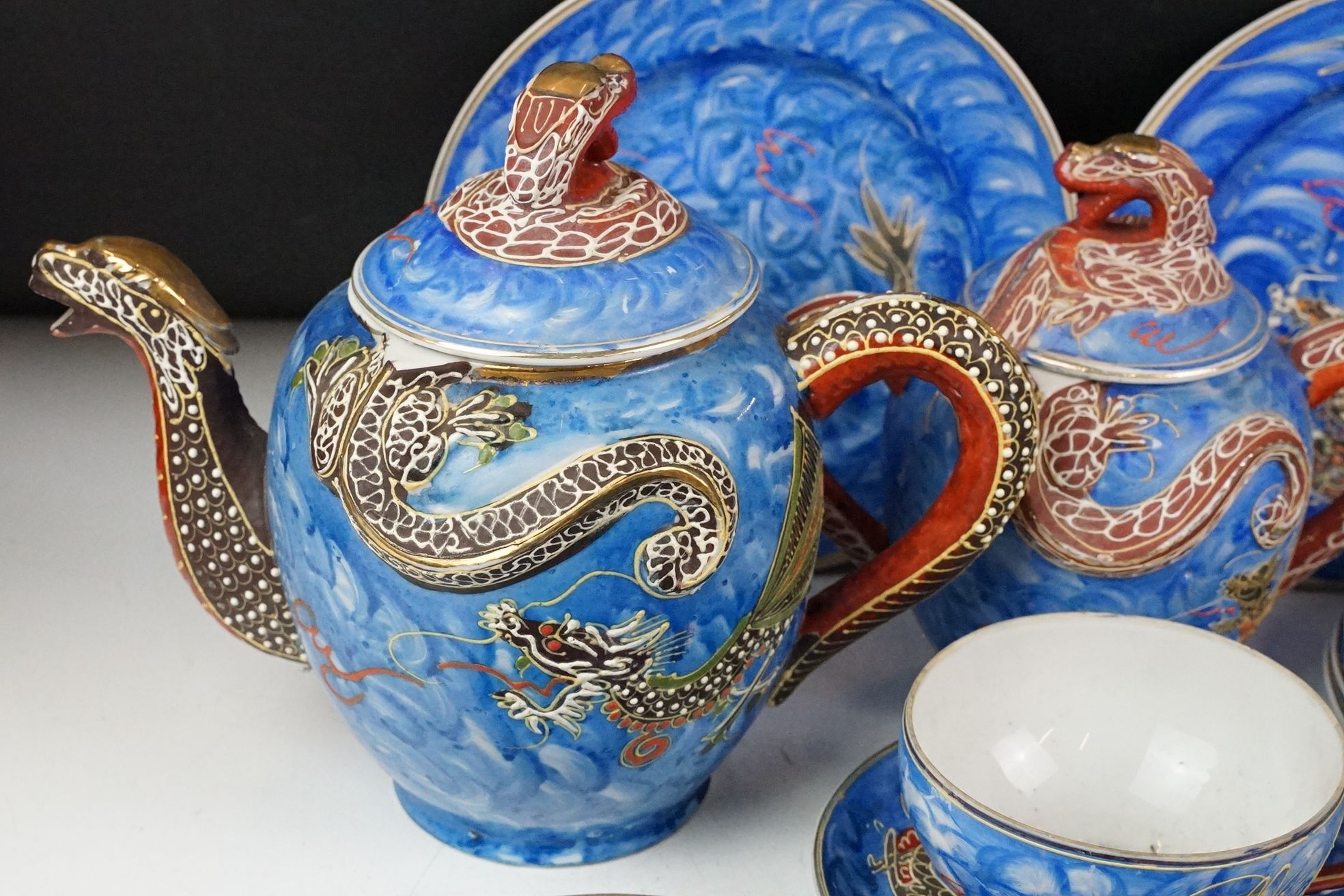 Japanese Kutani porcelain tea set for six with enamelled dragon decoration - Image 4 of 8