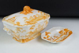 Isis Pottery, Oxford tureen and cover, hand painted in the saffron palette, 25cm long and an Isis