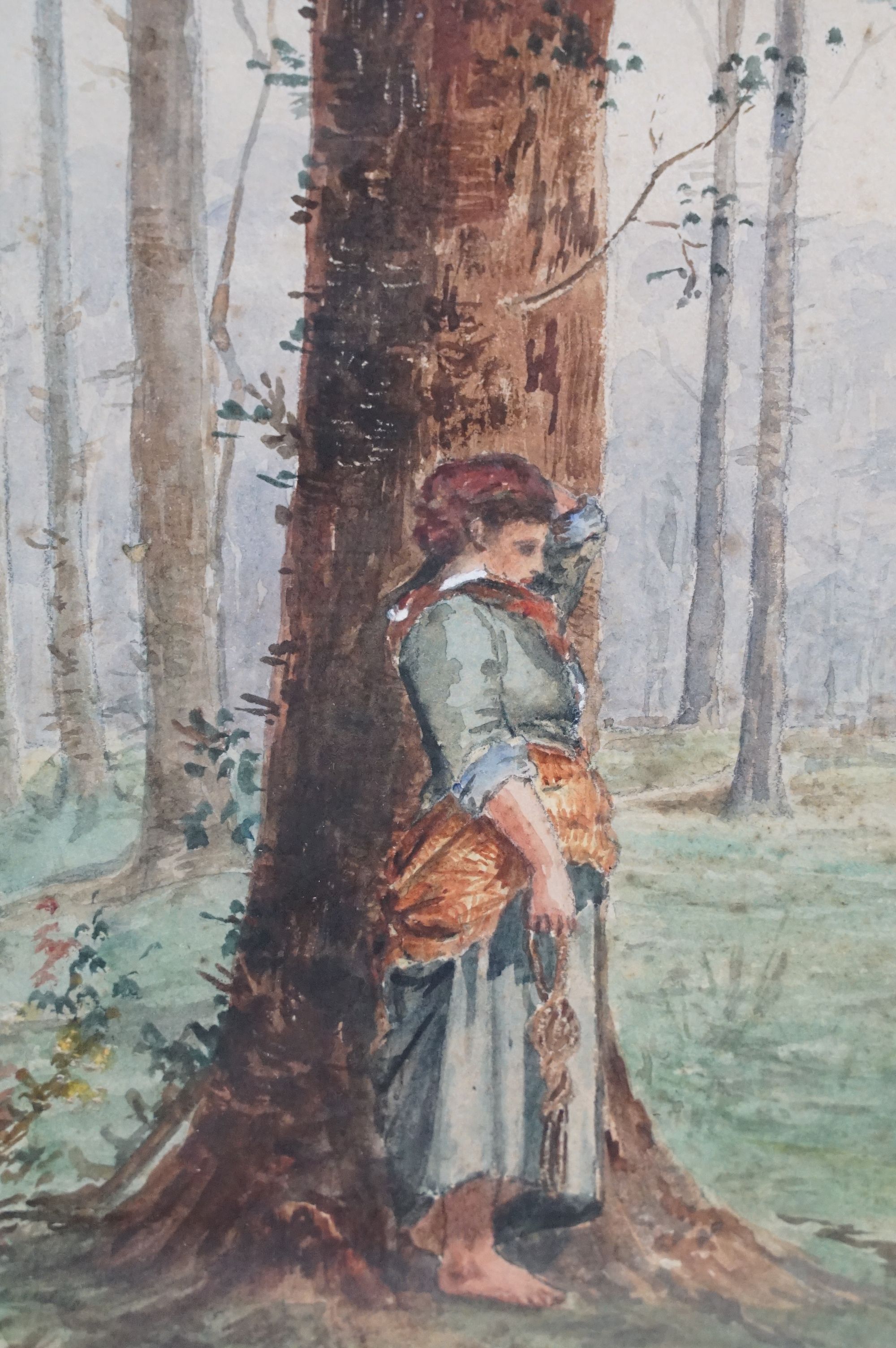19th century watercolour, country girls in a conversation in woodland clearing, 21.5 x 29cm, - Image 3 of 7