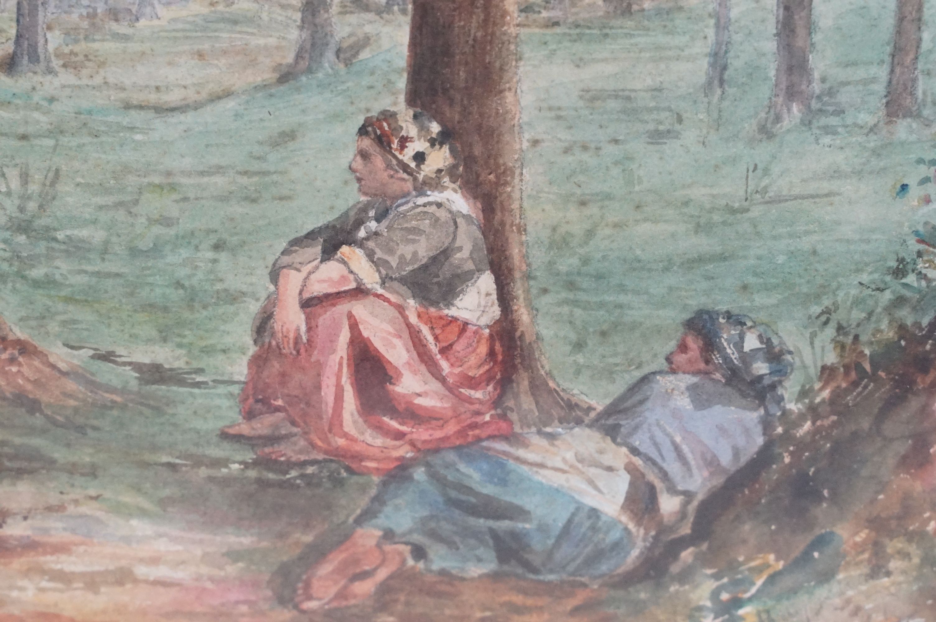 19th century watercolour, country girls in a conversation in woodland clearing, 21.5 x 29cm, - Image 4 of 7