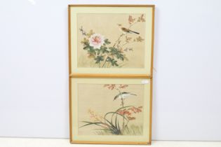 Chinese School, bird on a branch, watercolour on silk, red character seal, a pair, each 20 x 25cm,