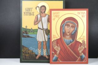 Two painted wooden religious icons to include Saint Patrick & Saint Mary of Bethany (on gilt ground,