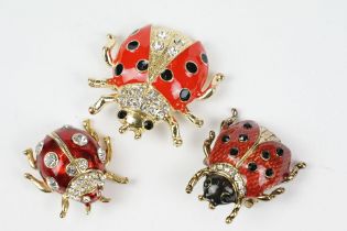 Three Large Gilt Enamel and Crystal Brooches in the form of Ladybirds, largest 4cm long