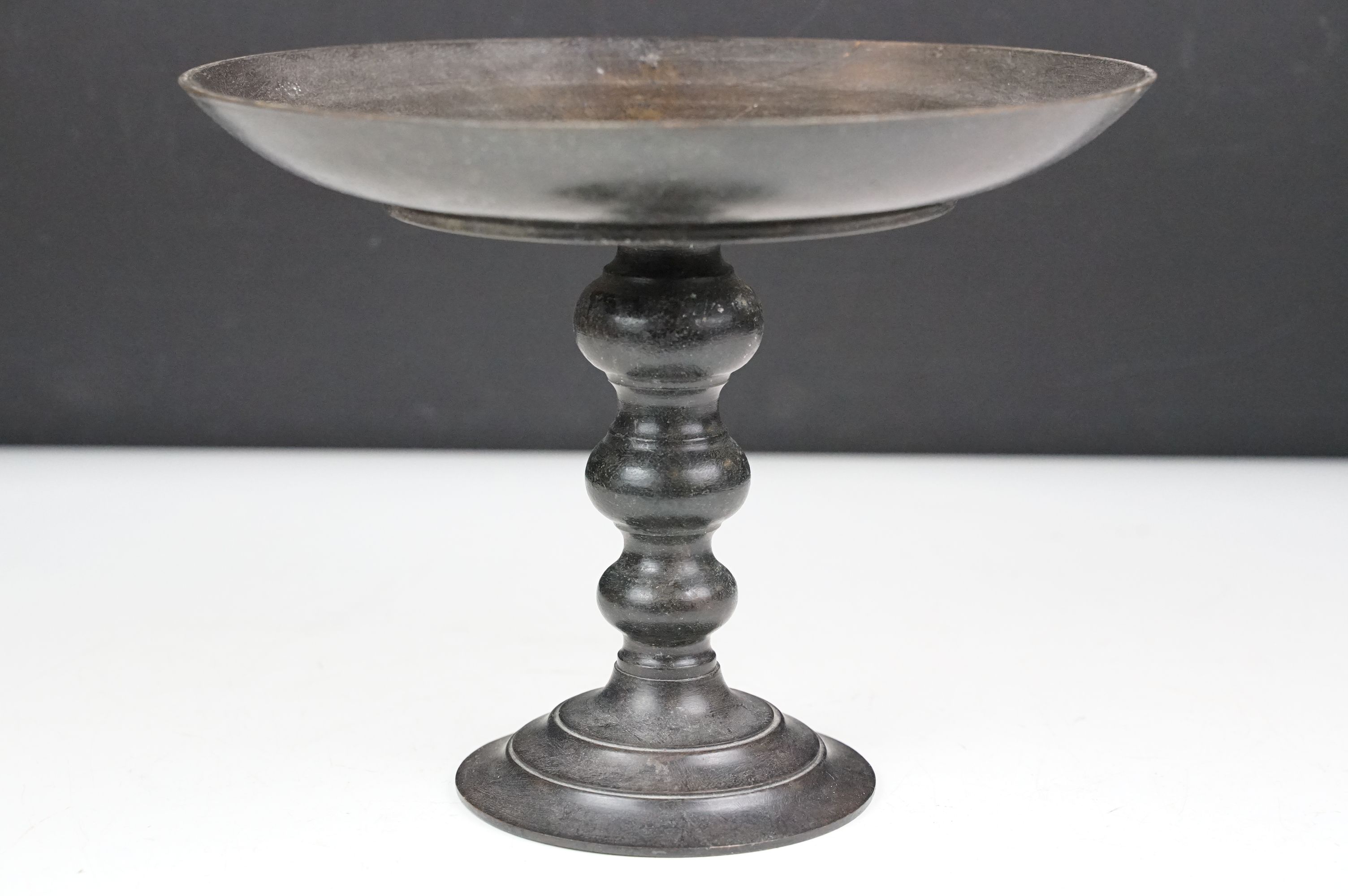 Chinese bronze tazza / footed dish with coin decoration to centre, together with a matching circular - Image 6 of 10