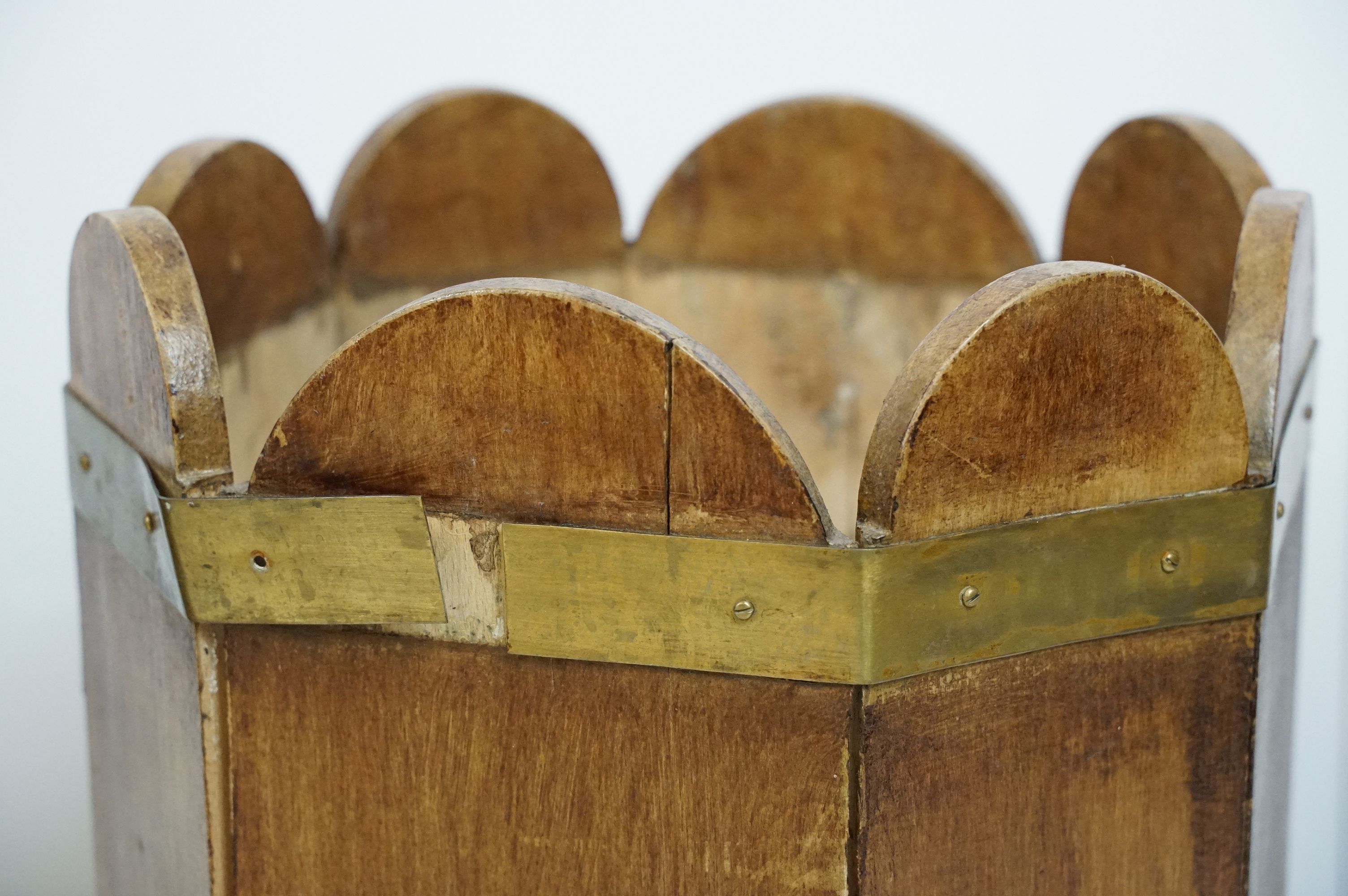 Pair of planters of planked form, with coopered banding on square tapering legs, one with lead - Image 3 of 4