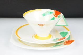 Shelley Art Deco Vogue Sunray pattern trio, comprising: teacup, saucer and tea plate, in red, orange