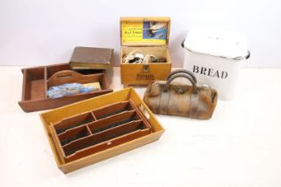 White enamel bread bin, Victorian CDV empty album, three wooden trays / cutlery trays, gladstone