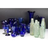 Collection of blue glassware to include Murano and Bristol blue examples, featuring vases,