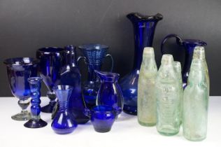 Collection of blue glassware to include Murano and Bristol blue examples, featuring vases,