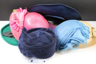 Collection of six ladies hats housed within two Frederick Fox hat boxes, featuring Frederick Fox,