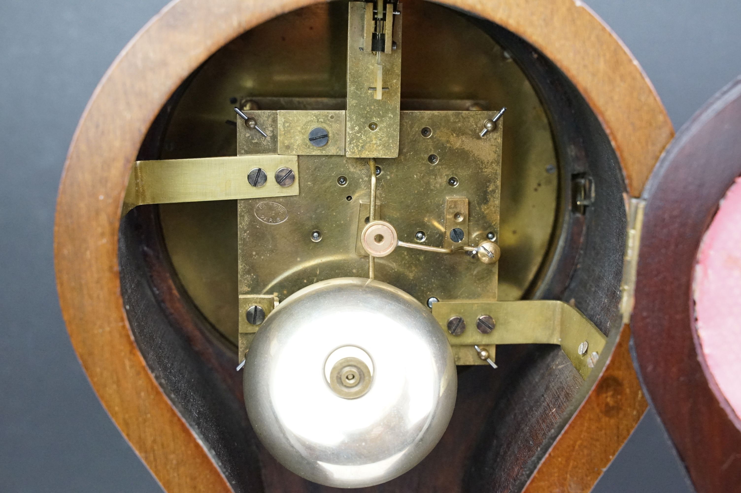 Early 20th century inlaid mahogany balloon form mantel clock, raised on four gilt metal bracket - Image 8 of 10