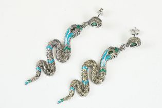 A pair of ladies silver and enamel drop earrings in the form of snakes, marked 925