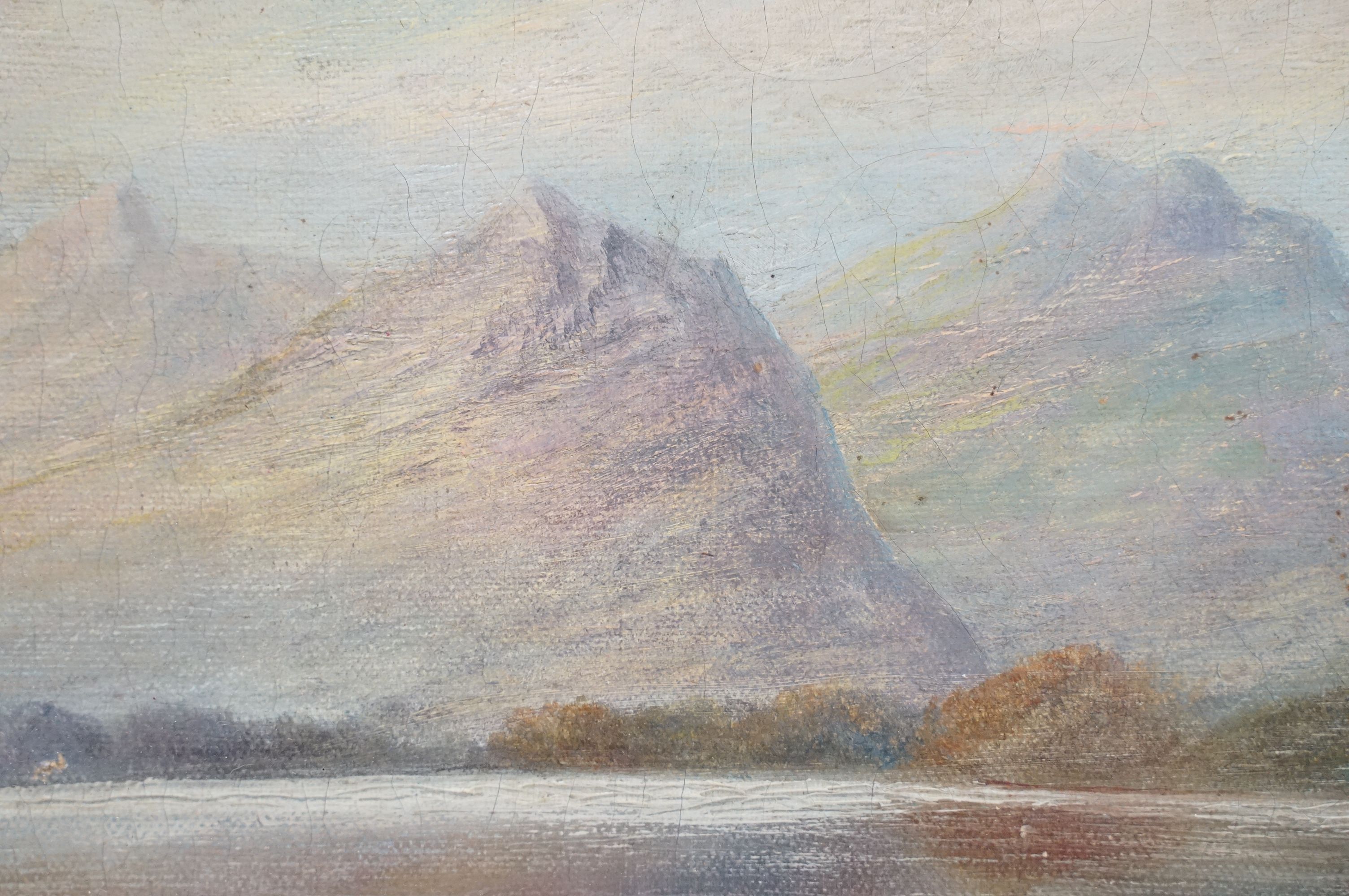 Swept gilt framed 19th century oil on canvas, Highland Loch View with figure and man in a boat, - Image 4 of 10