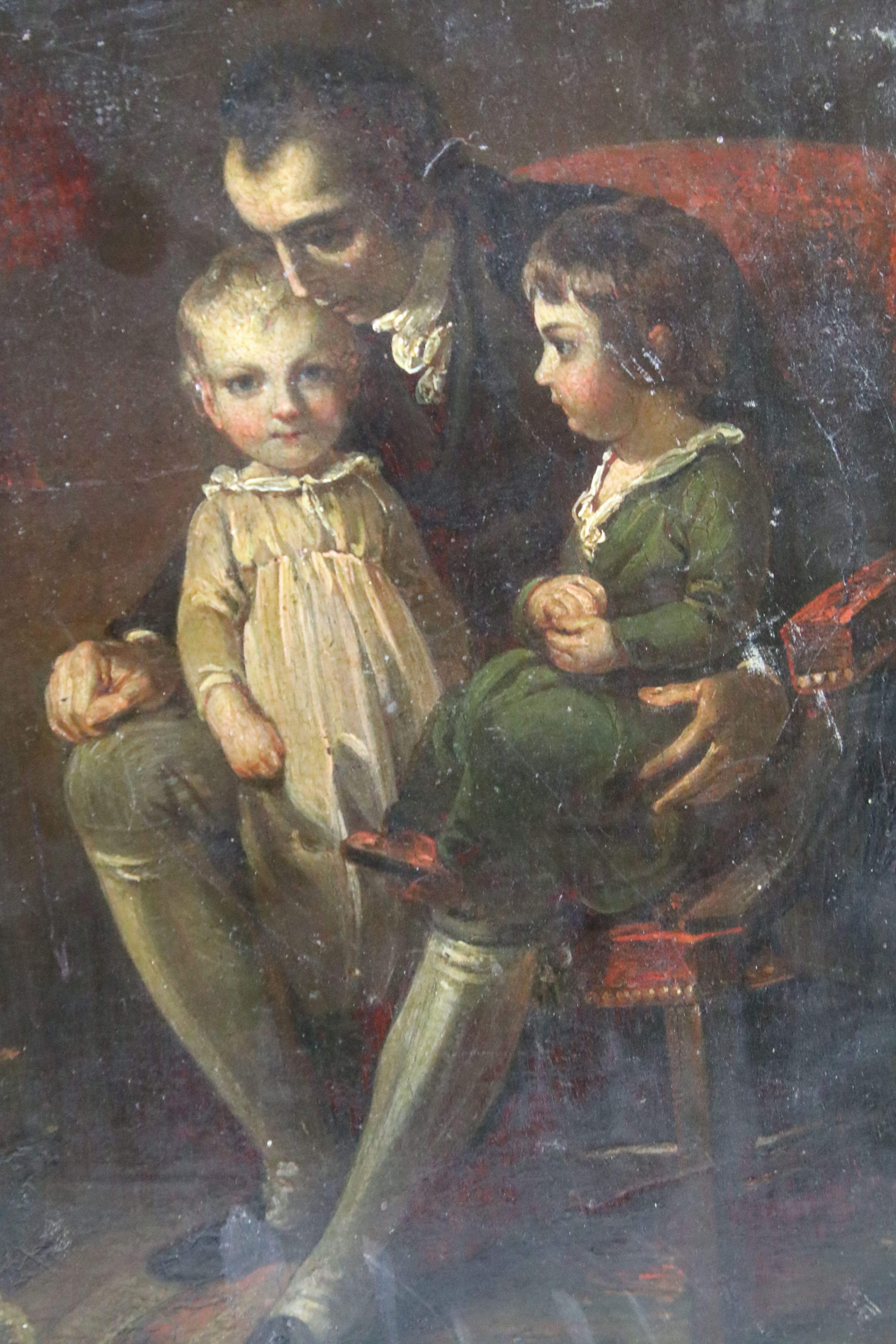 19th century English School, man with two children, oil on panel, indistinctly inscribed on tape - Image 2 of 3