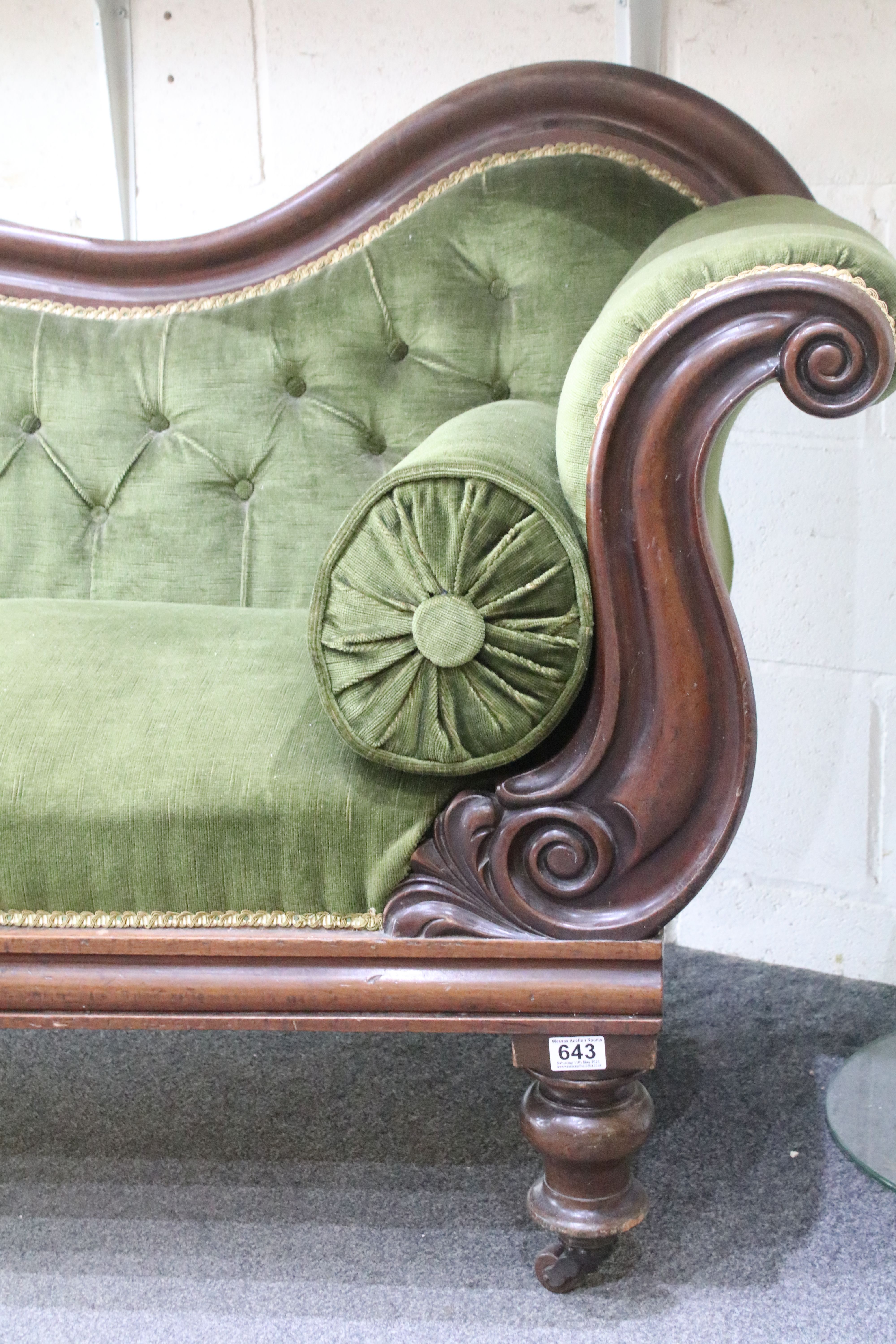 Victorian mahogany framed chaise longue of scrolled form with green upholstery, approx 175cm wide - Image 2 of 6