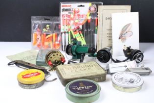 Small quantity of fishing tackle to include 4 fishing reels, Intrepid de Luxe and Blackprince plus