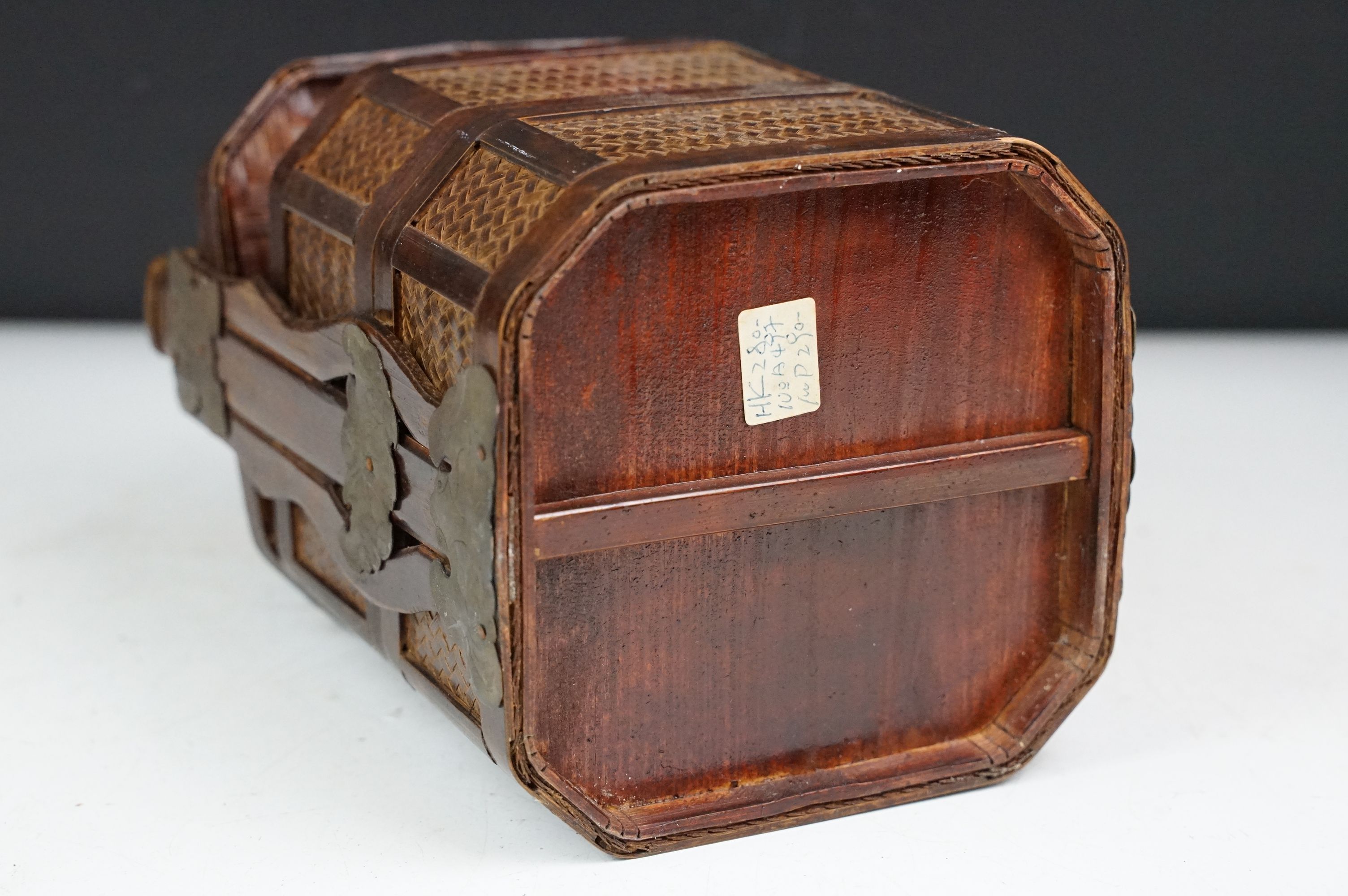 Chinese octagonal wooden box with coin decoration to lid, together with a two-tiered woven lidded - Image 11 of 11