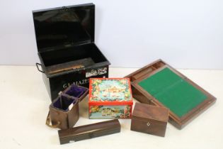 Collection of metal & wooden boxes, 19th century onwards, to include a Victorian oak writing box (