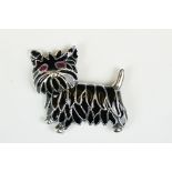 Silver and plique a jour dog brooch with ruby eyes