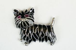 Silver and plique a jour dog brooch with ruby eyes