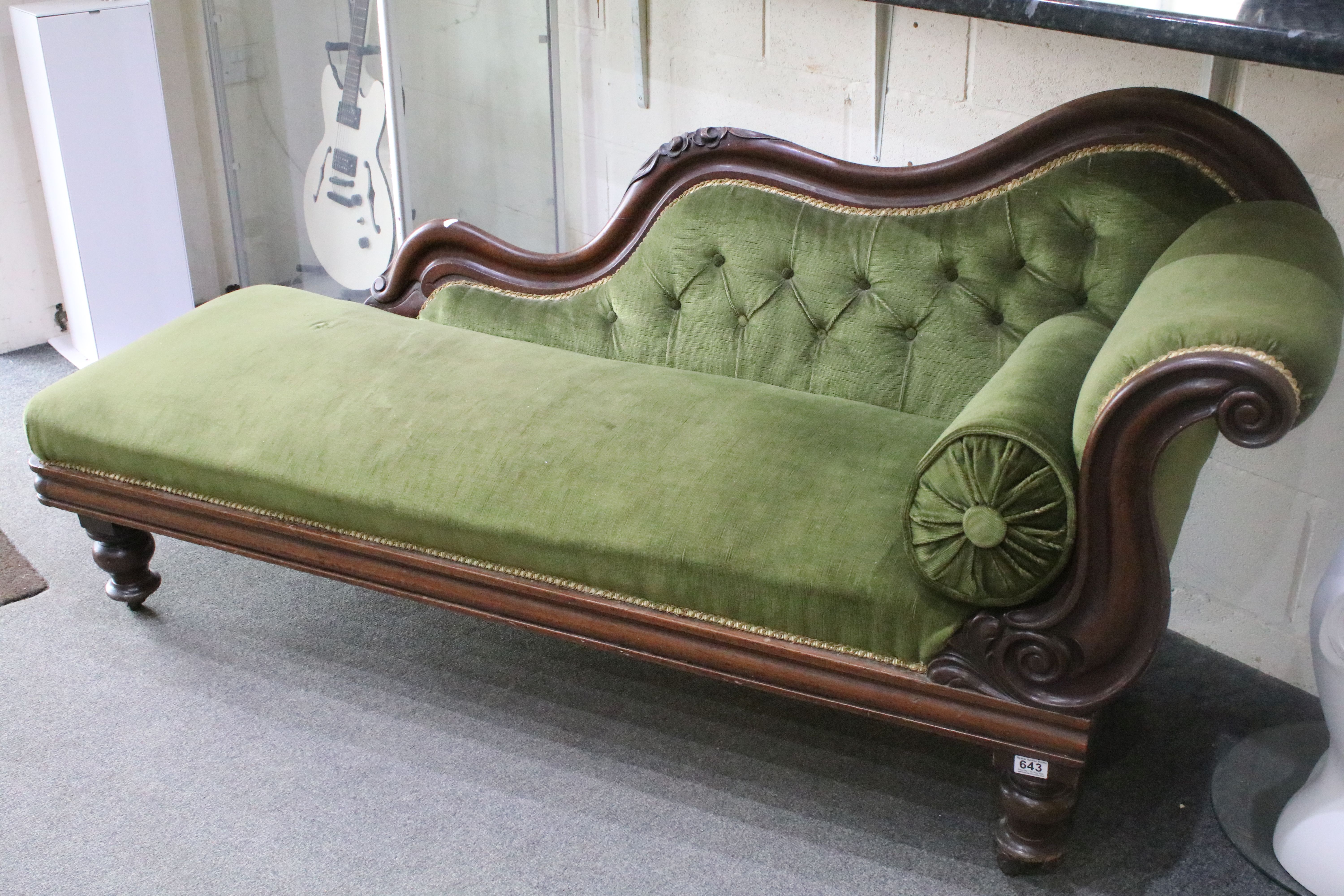 Victorian mahogany framed chaise longue of scrolled form with green upholstery, approx 175cm wide