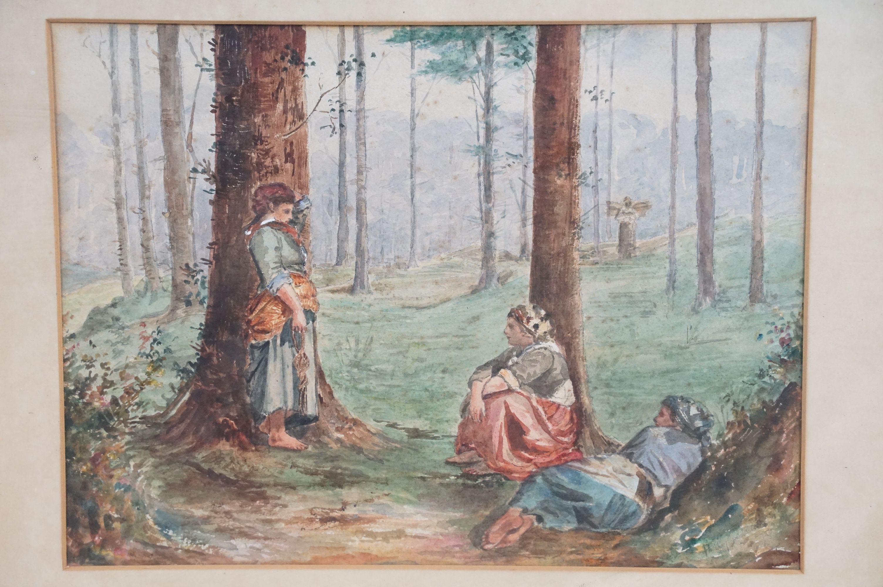 19th century watercolour, country girls in a conversation in woodland clearing, 21.5 x 29cm, - Image 2 of 7